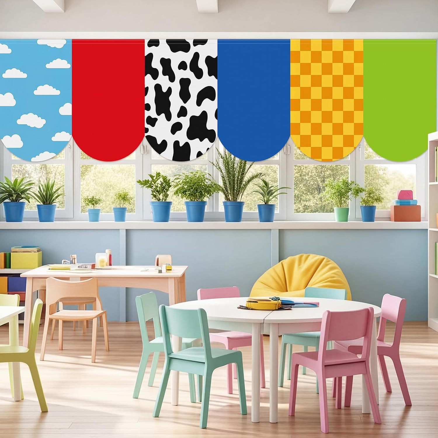 6 Pcs Cartoon Story Classroom Curtains Red Blue Yellow Story Colorful Curtains f