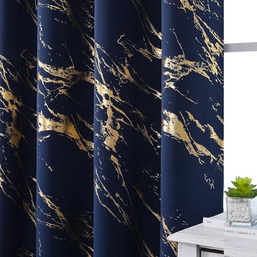 100% Blackout Patterned Curtains 96 52″W x 96″L (Pack of 2) Navy Blue and Gold