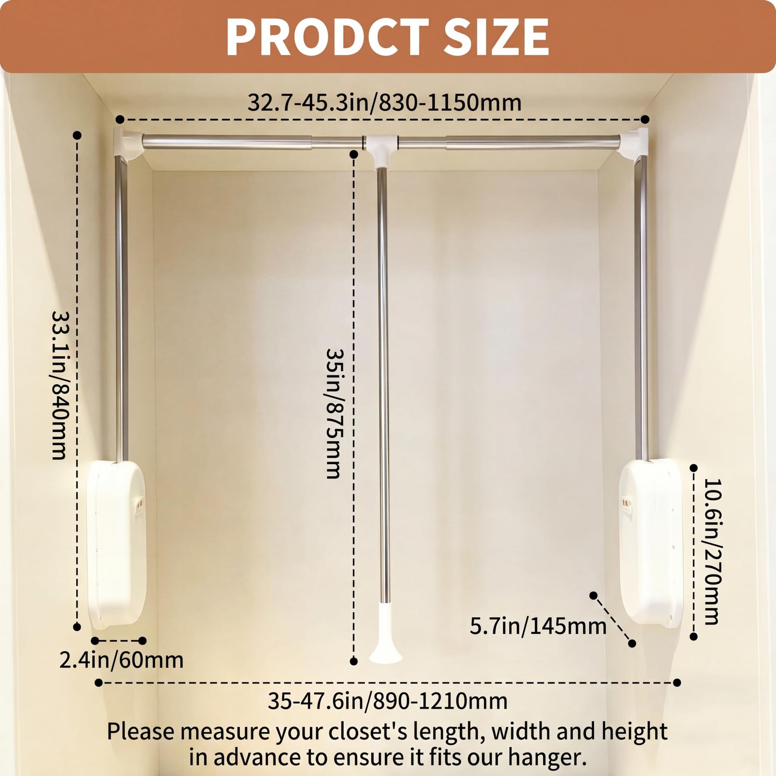 Adjustable 33-45 Pull Down Closet Rods White, High Clothes Access | Two-way B…