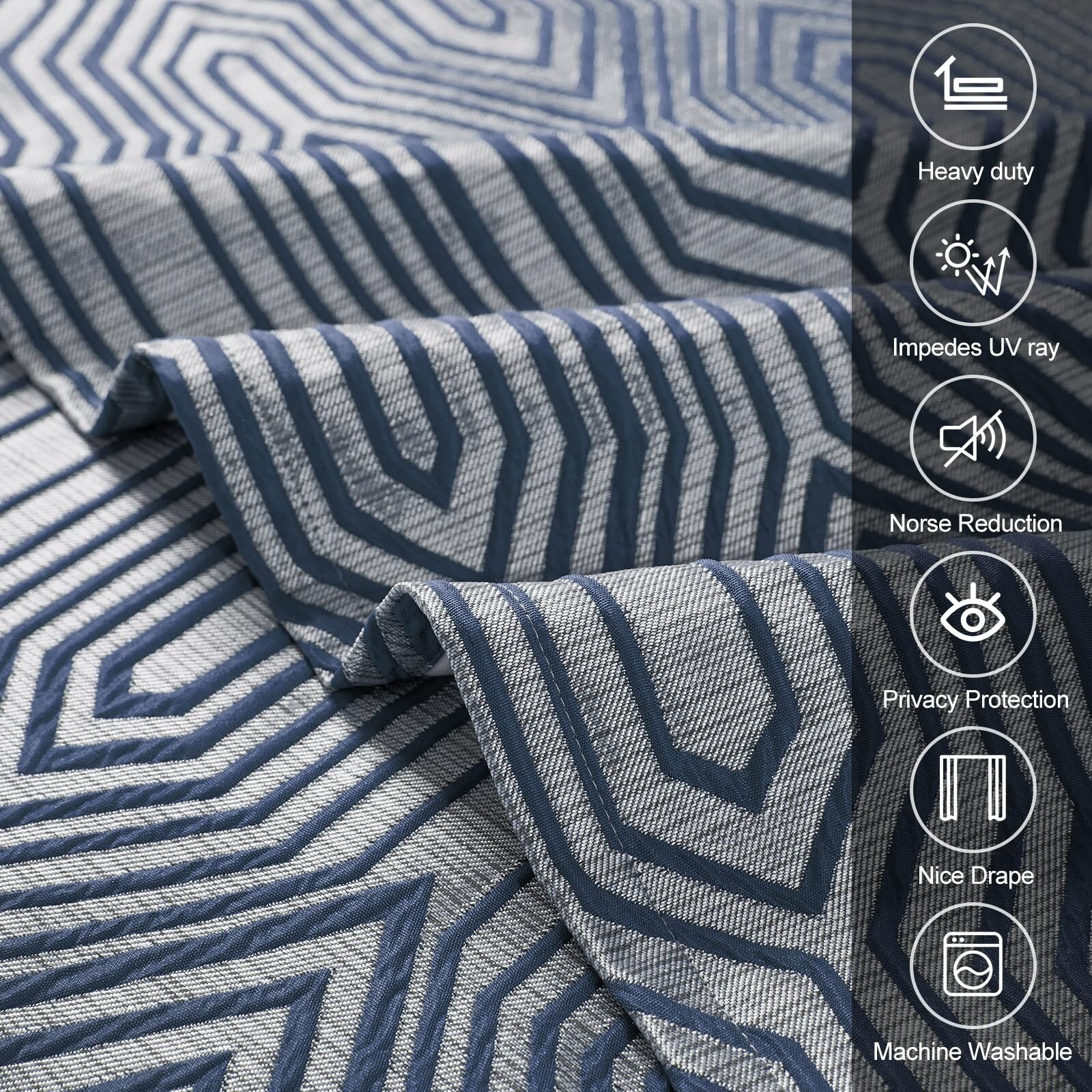 Indigo Blue and Silvery 100% Blackout Jacquard Geometric Pattern Curtains,52 …