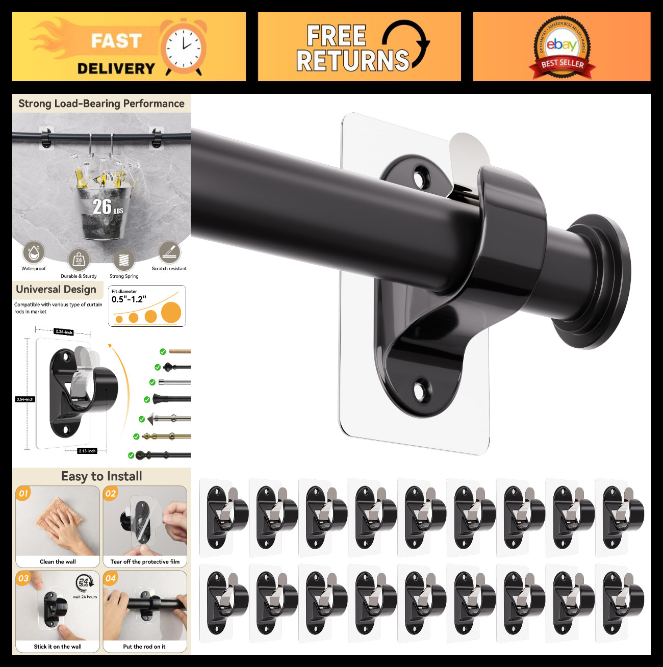 18 Pack No Drill Curtain Rod Brackets – Self Adhesive Heavy Duty Hooks for Home