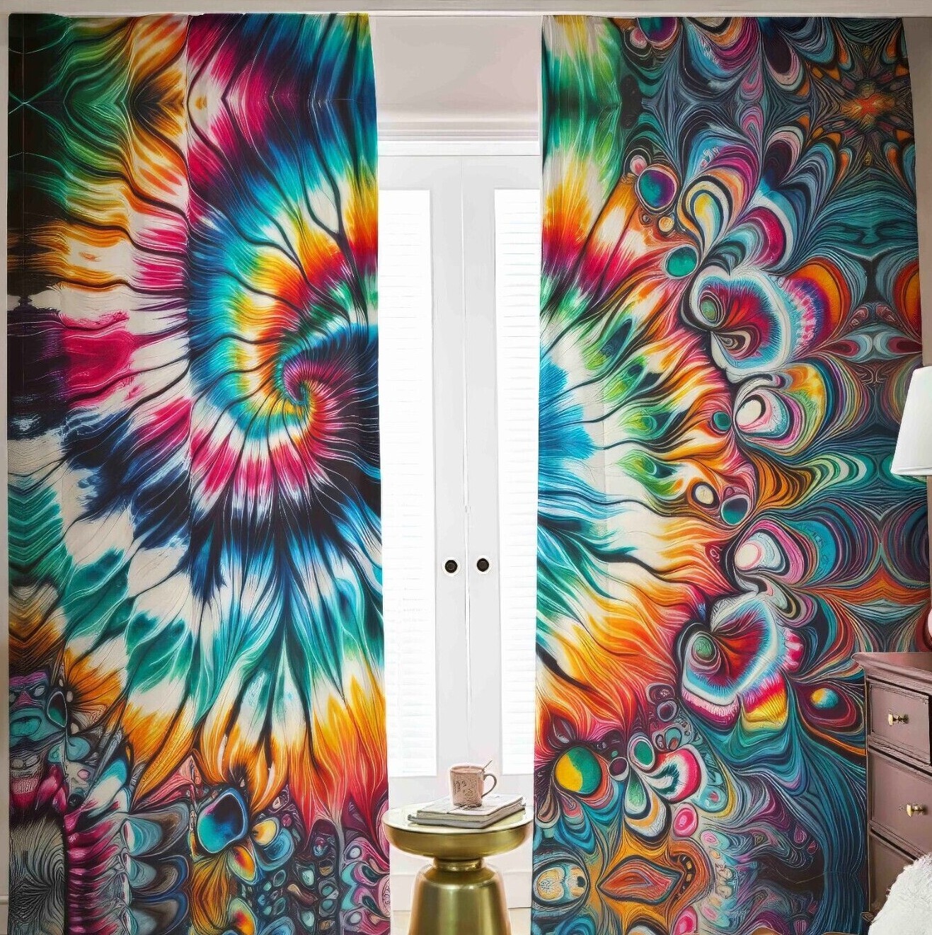 Psychedelic Tie Dye Blackout Curtains Black Out Rainbow Spiral Tied Dyed Fractal