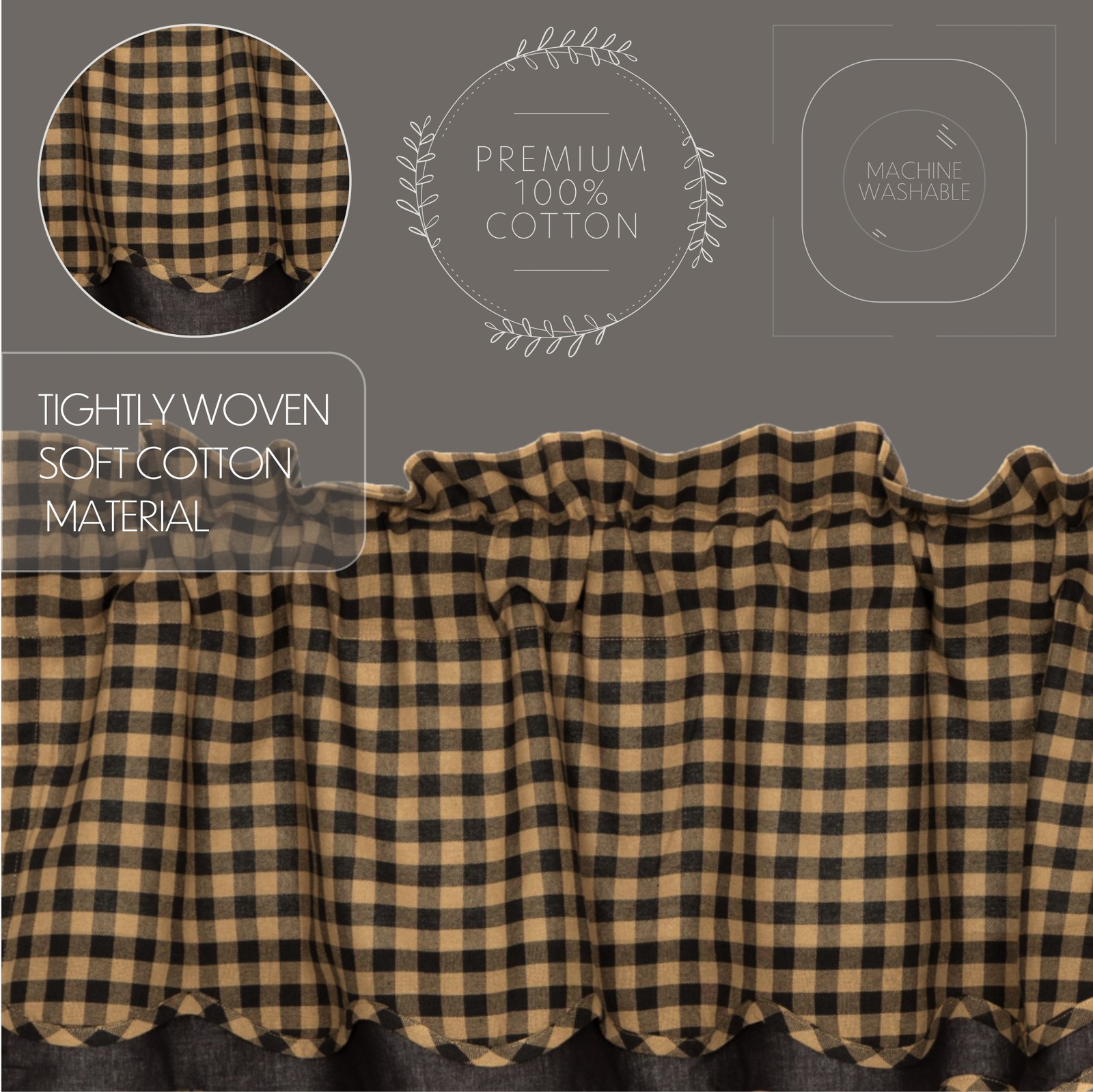 VHC Brands Primitive Black Tan Check Scalloped Layered Valance 16×60″