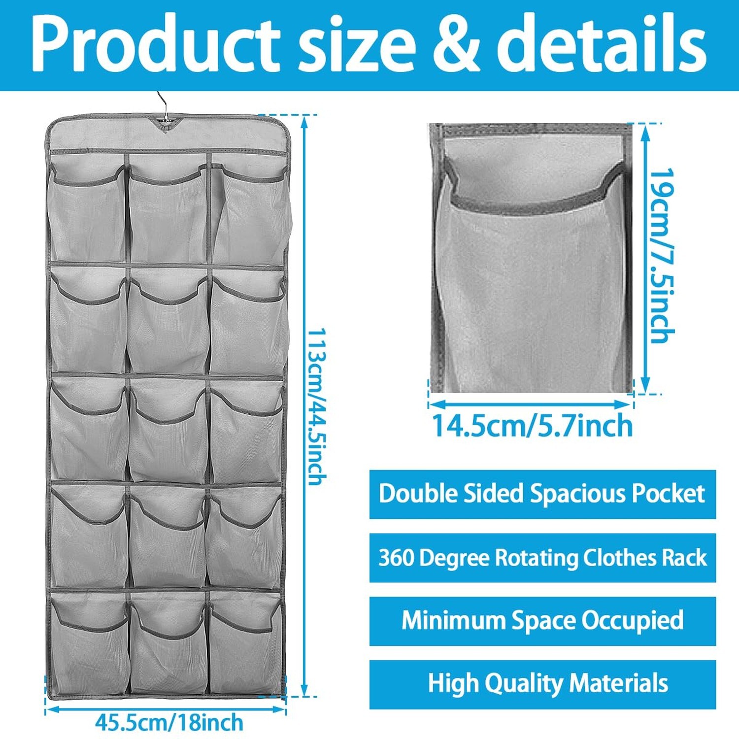 3Pcs 30 Large Pockets Dual Sided Hanging Shoe Organizer Double-Side Closet St…