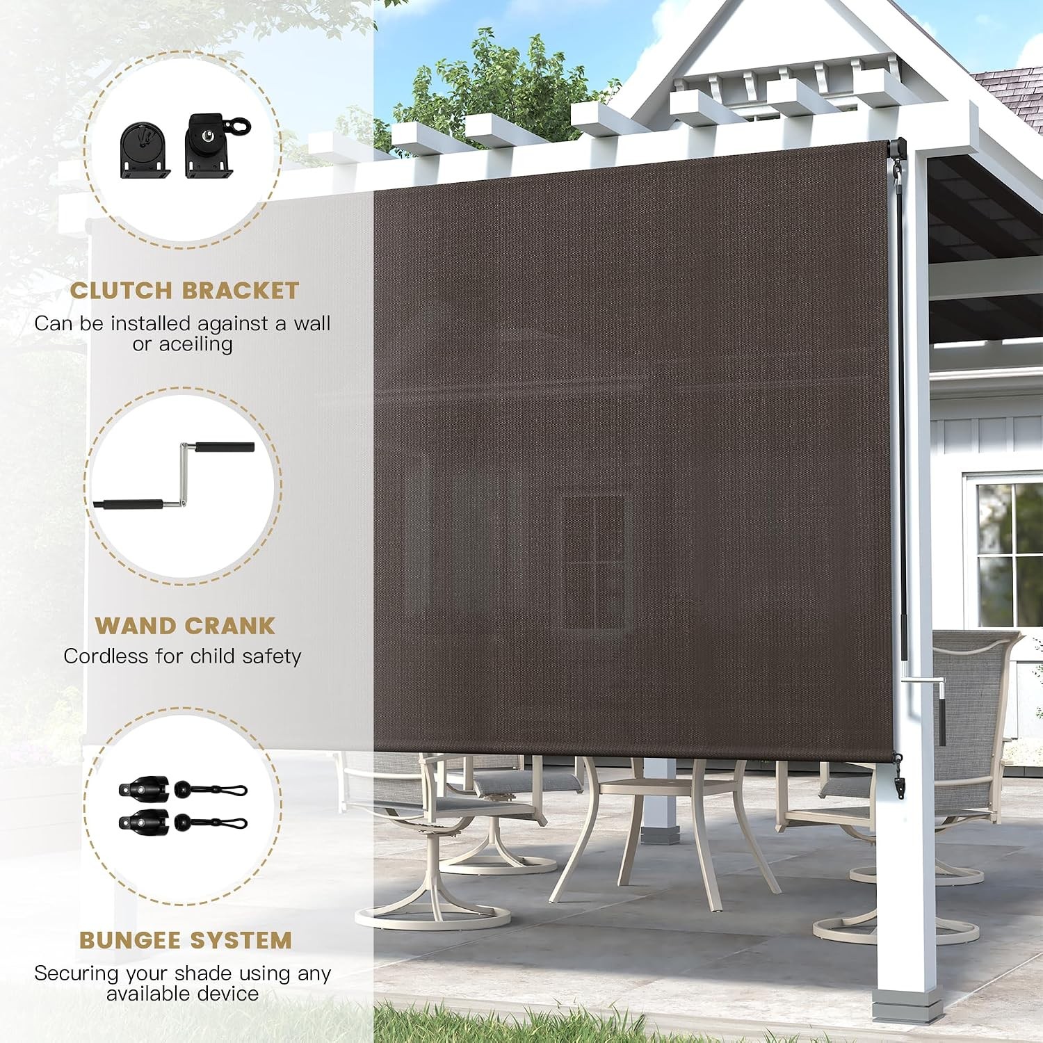 Outdoor Roller Shade 10′ W x 8′ H, Exterior Cordless Patio Shades Roll Up Blinds