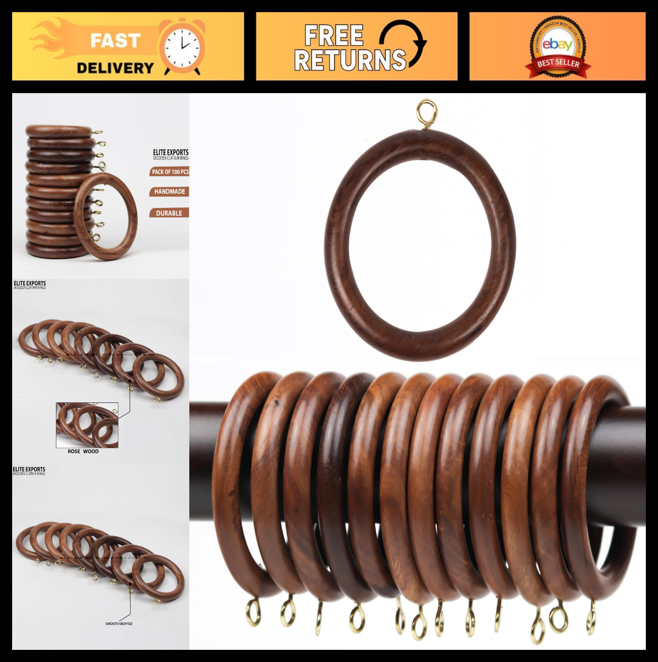 100 Pcs Wooden Curtain Rod Rings, 3 Inch, Fits 1.5-2 Inch Rods, Natural Rosewood