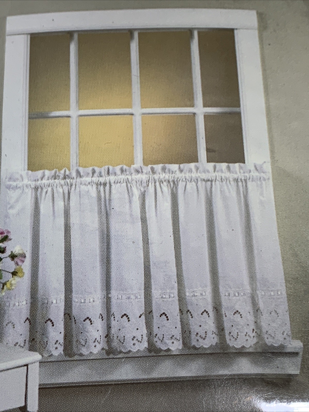 Vintage Floral Eyelet Curtain Solid White Satin Ribbon Trim Cutwork 60”X36”