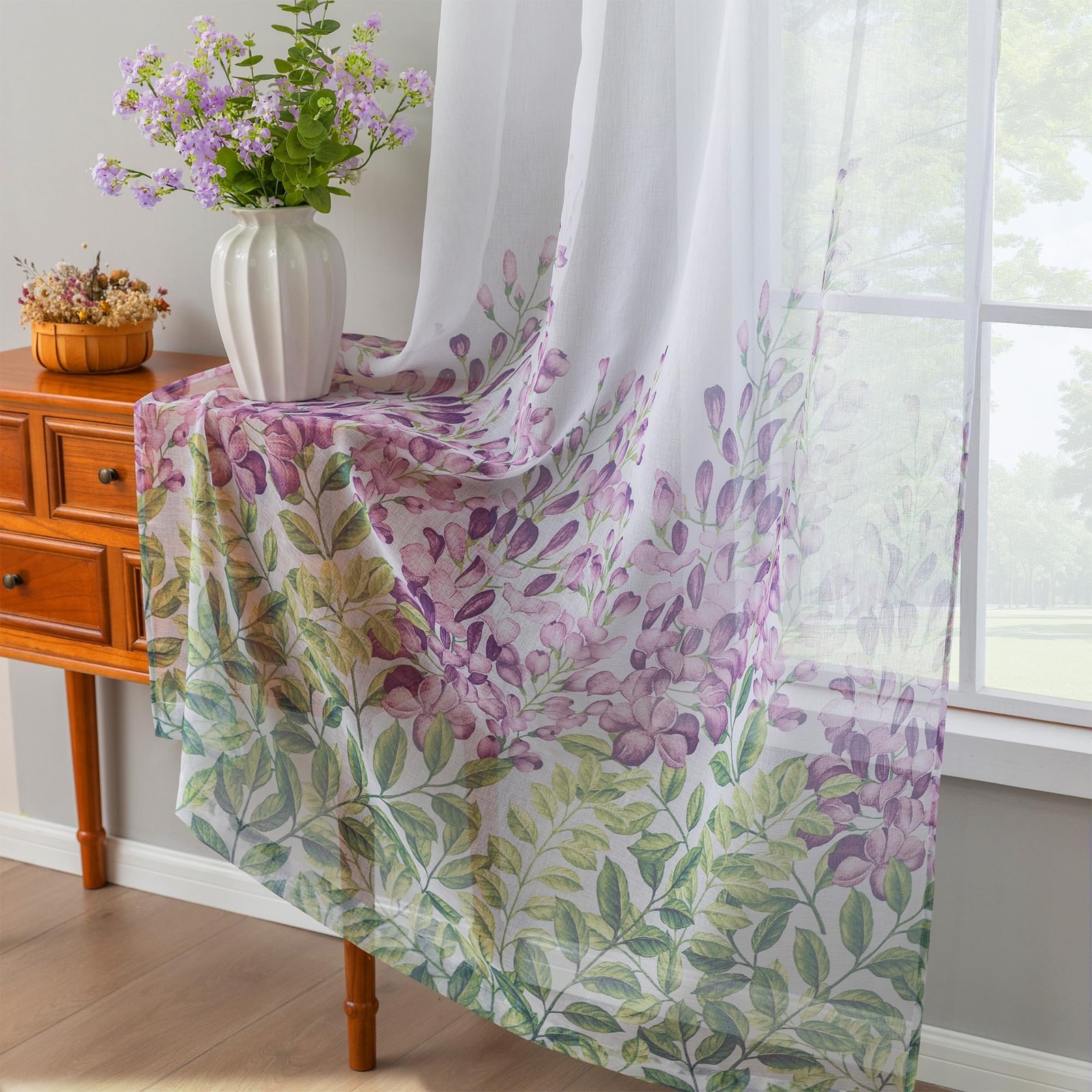 Purple Flower Curtains Floral Sheer with Tie Backs Light Filtering Linen for …