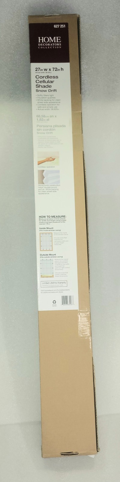 Home Decorators Snow Drift Cordless Light Filtering Cellular Shades 27 x 72 NEW
