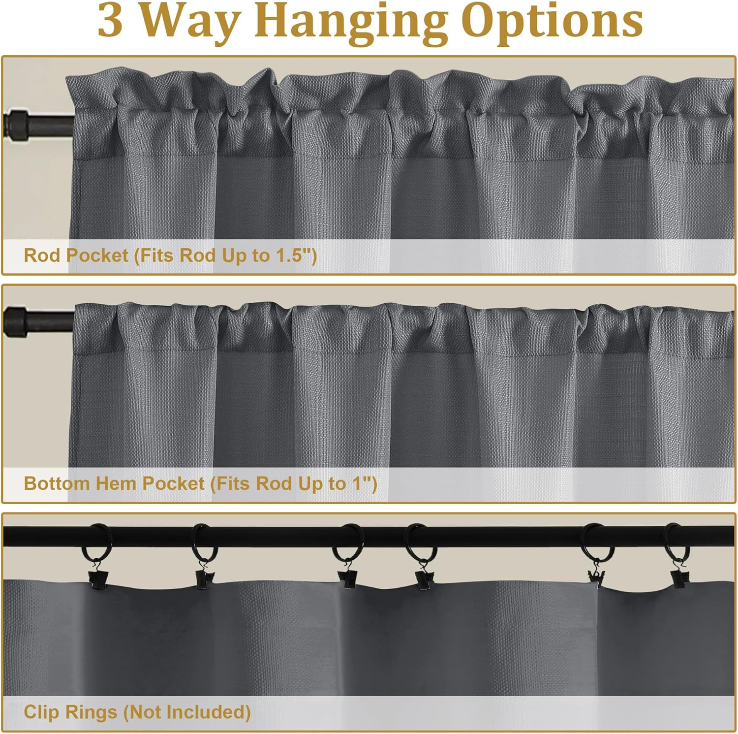 Dark Grey Valances for Windows 1 Piece, Light Filtering Kitchen Window Valance 1