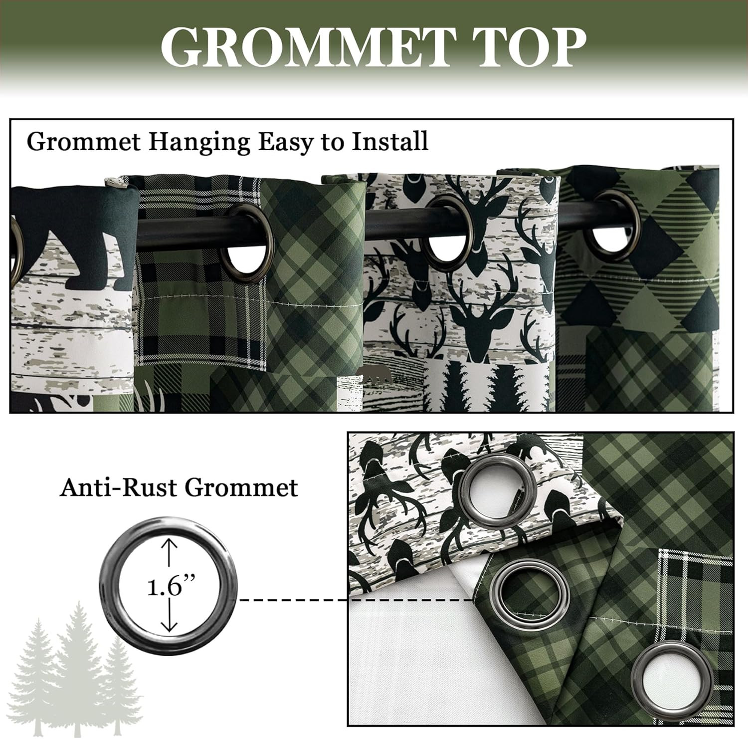 Dark Green Rustic Cabin Curtains 2 Panels Country Curtain 50% Light Blocking Dar
