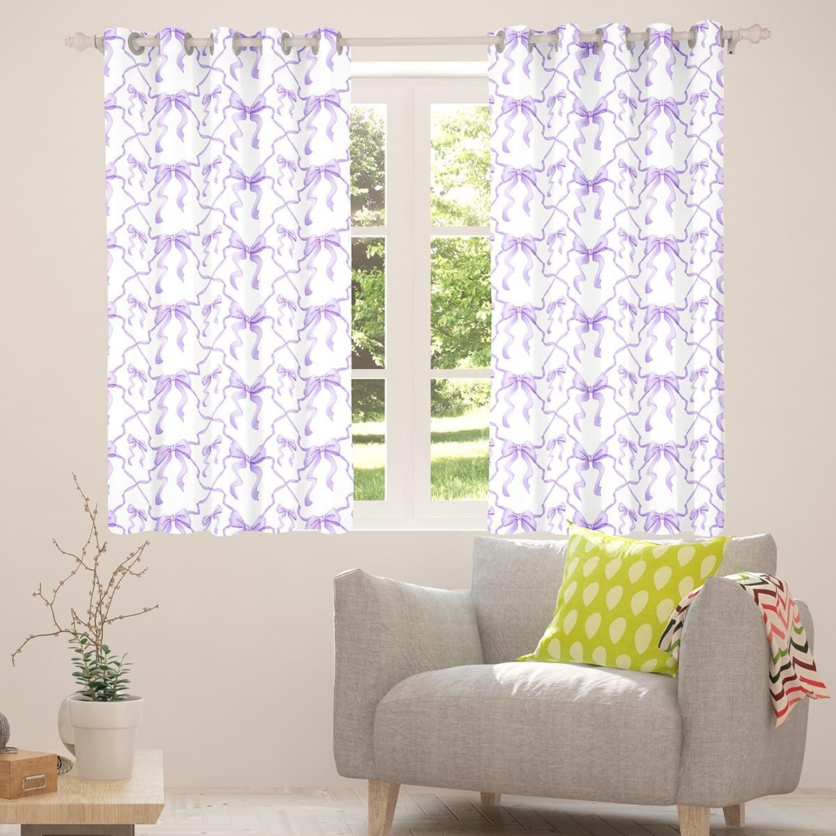 Purple Bow Curtain for Teen Women,Cute Ribbon Bowknot 52″ Wx63 L Window Curta…