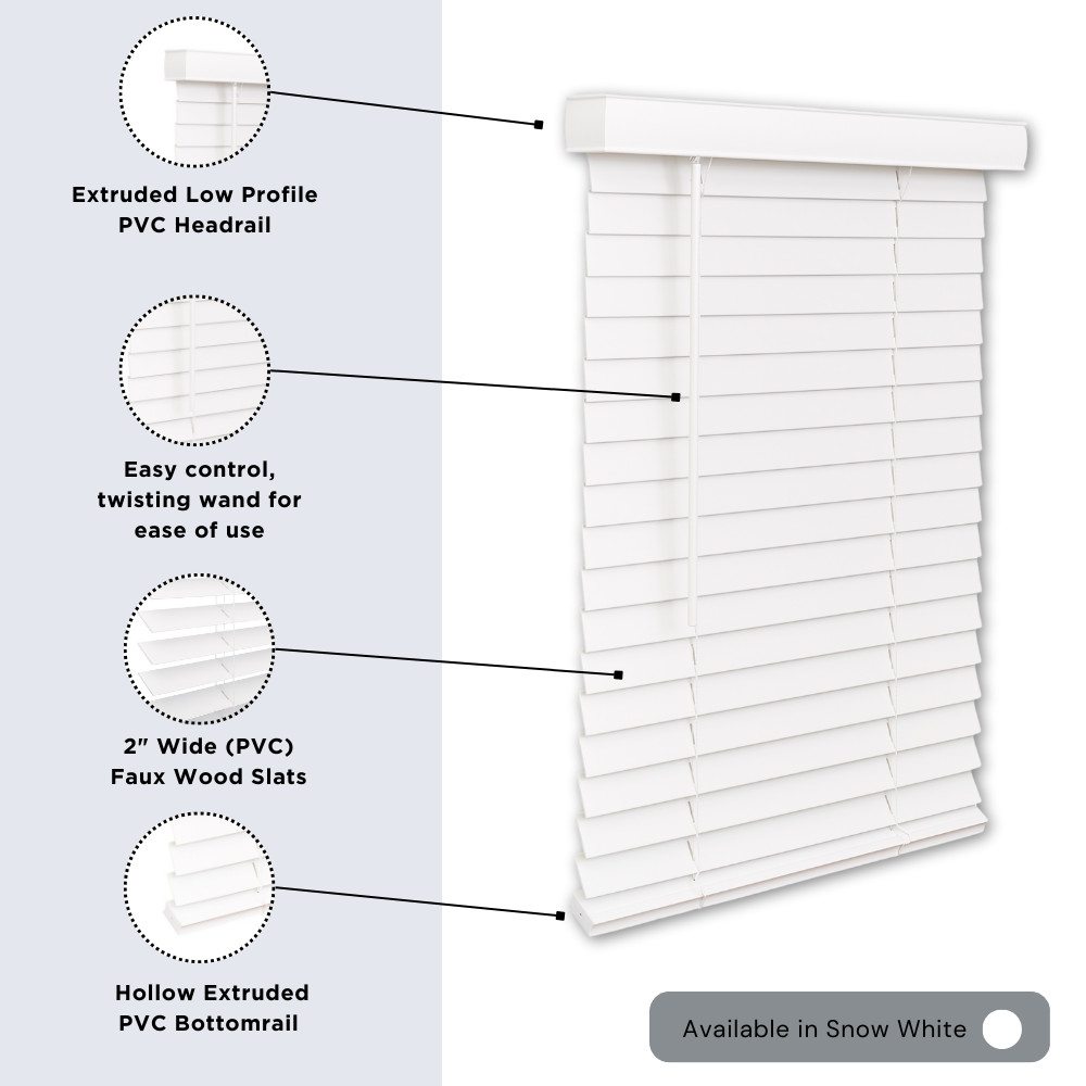 LOTUS & WINDOWARE Cordless Faux Wood Blinds, Smooth, Snow White, 2 Inch Horiz…