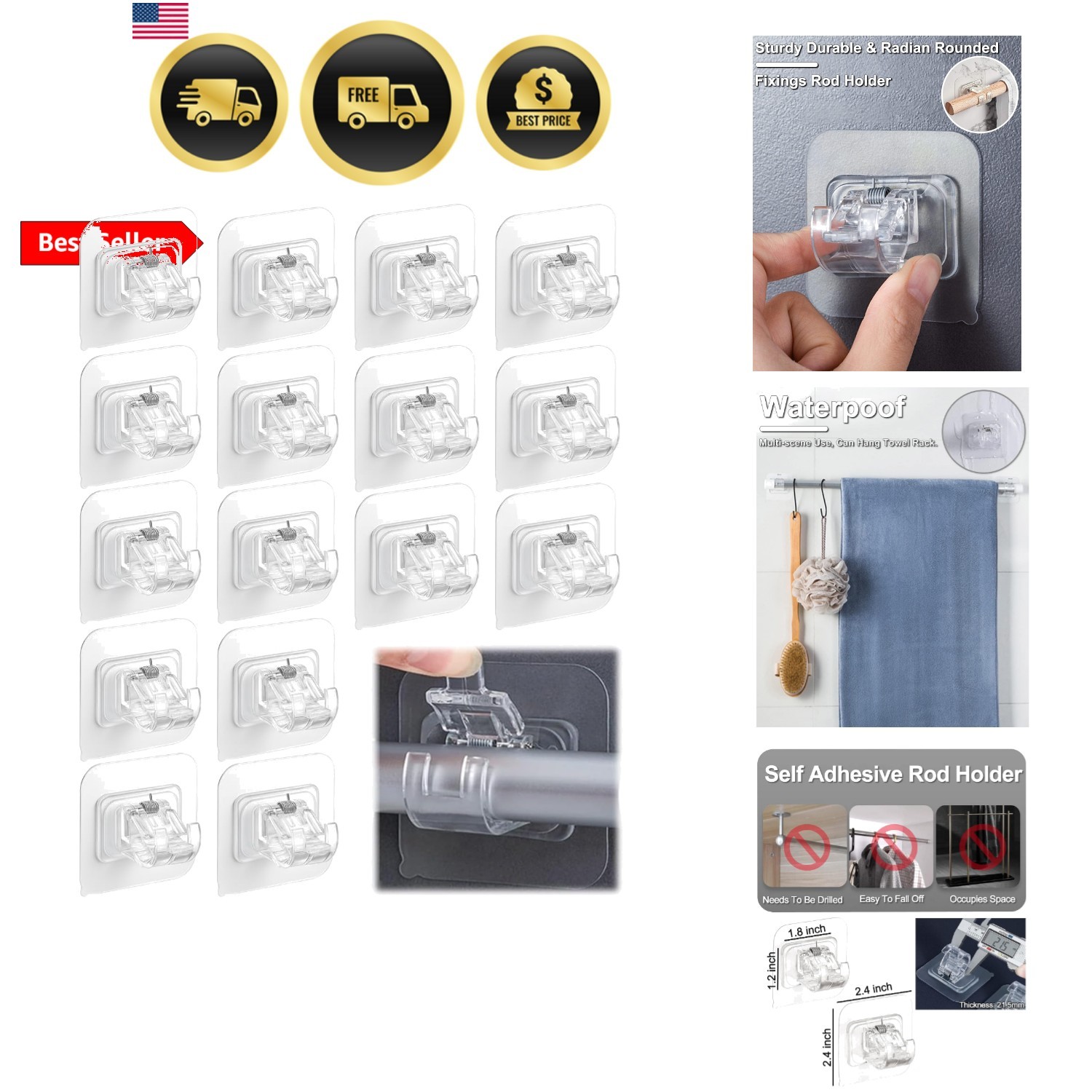 Curtain Rod Bracket No Drilling 16pcs, Self Adhesive Nail Free Curtain Rod Wa…