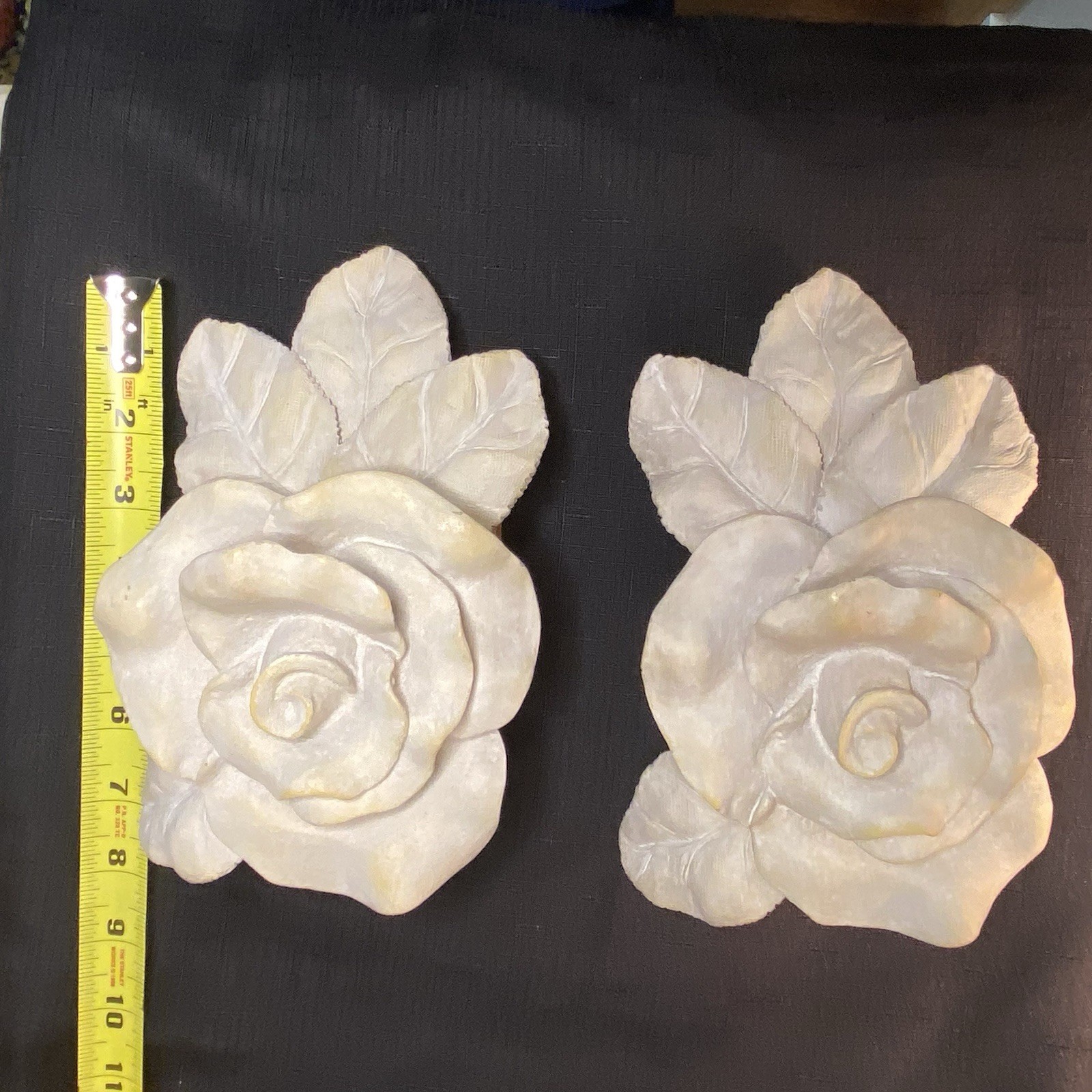 Set of 2 Vintage Ivory Rose Resin Floral Curtain Rod Pole Holders