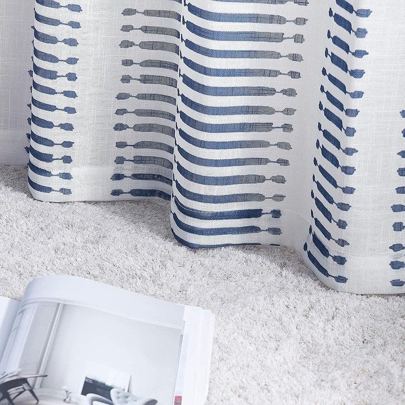 Sheer Curtains W/ Navy Stripe Pattern Light Filter Grommet Top Home Decoration