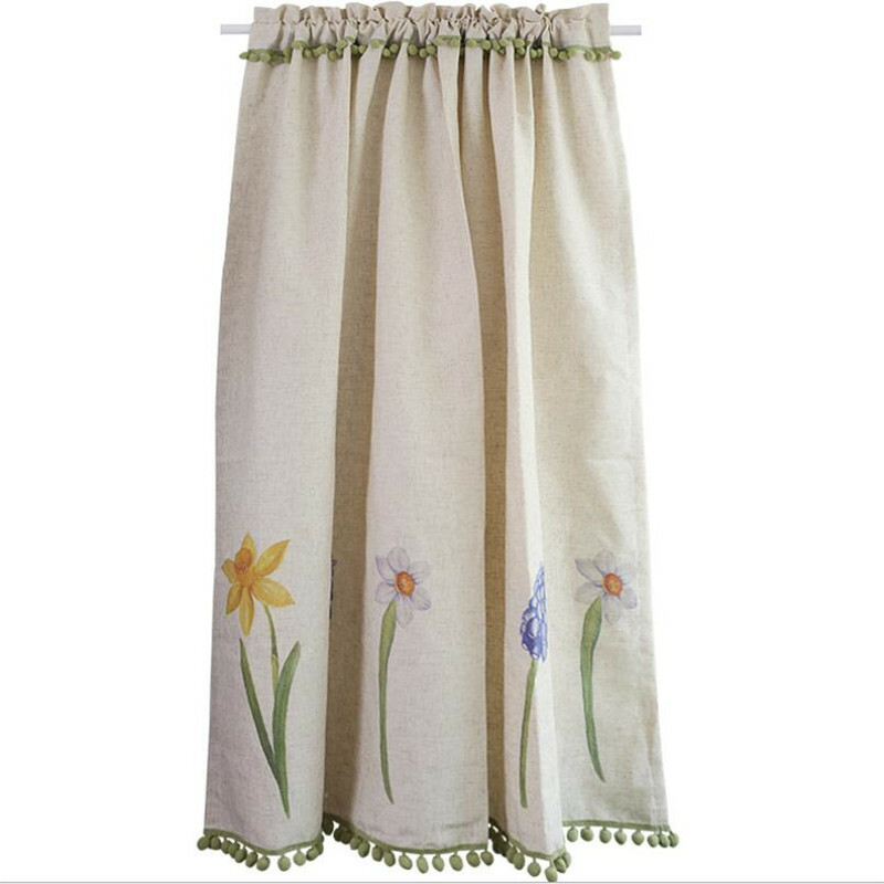 Vintage Floral Print Half Short Curtain Pom Pom Cafe Window Drape Cabinet Door