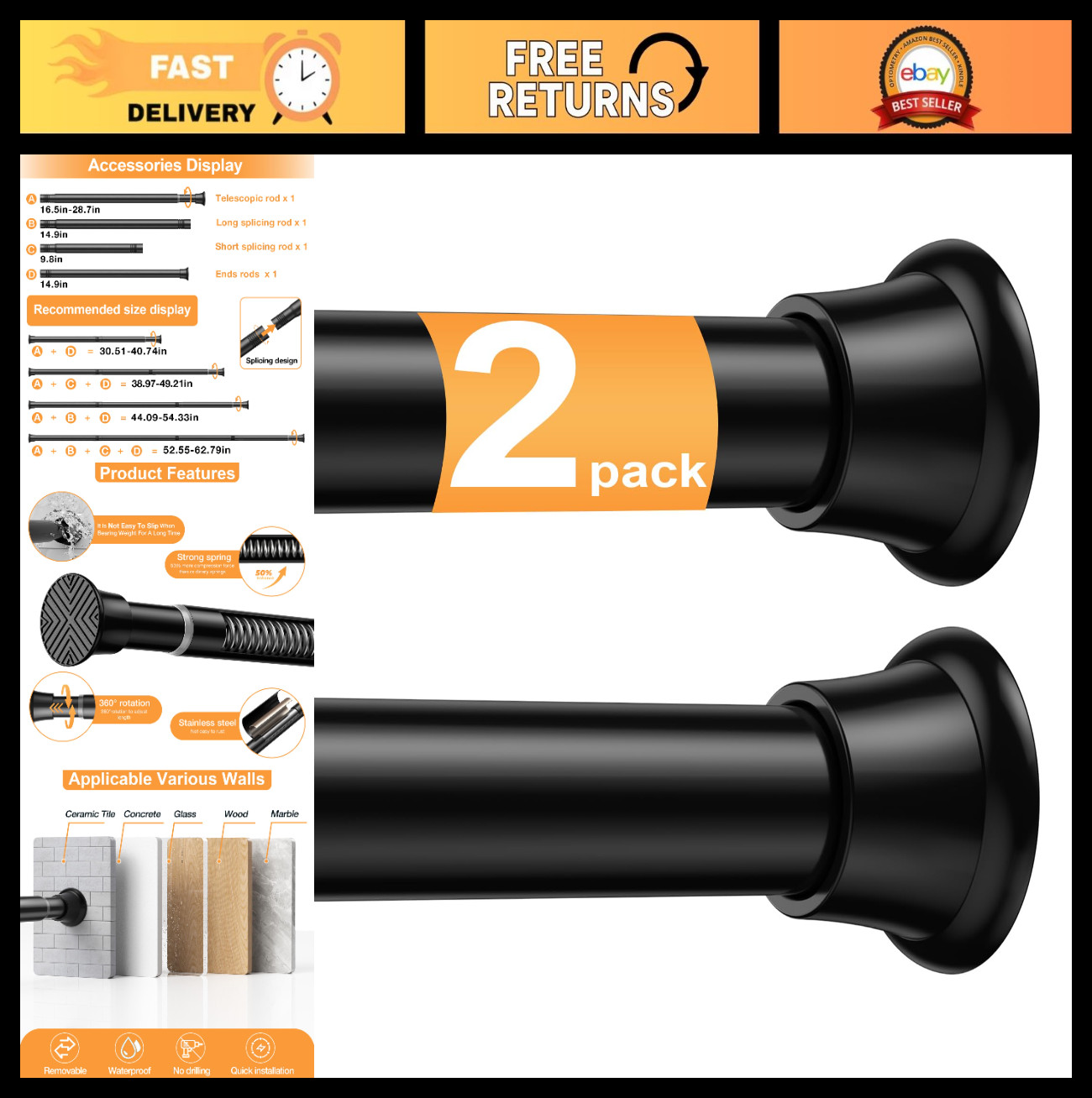 Adjustable Tension Curtain Rods 30-62″ – No Drill, Expandable, Black – 2 Pack