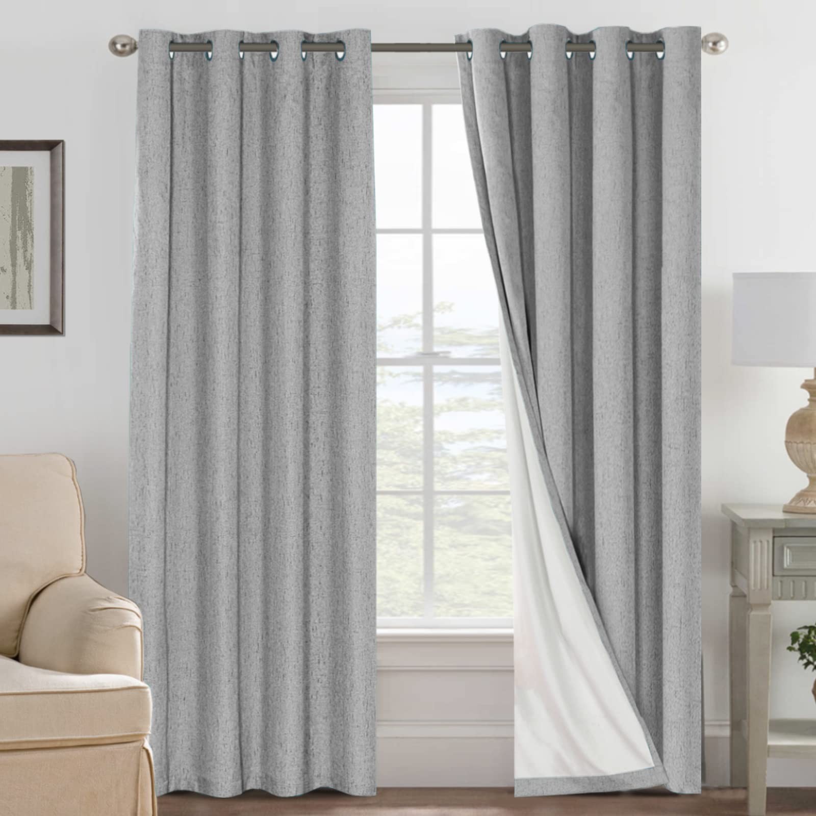 Linen Blackout Curtains 96″ Long, Thermal Insulated Drapes, 2 Panels, Dove Gray