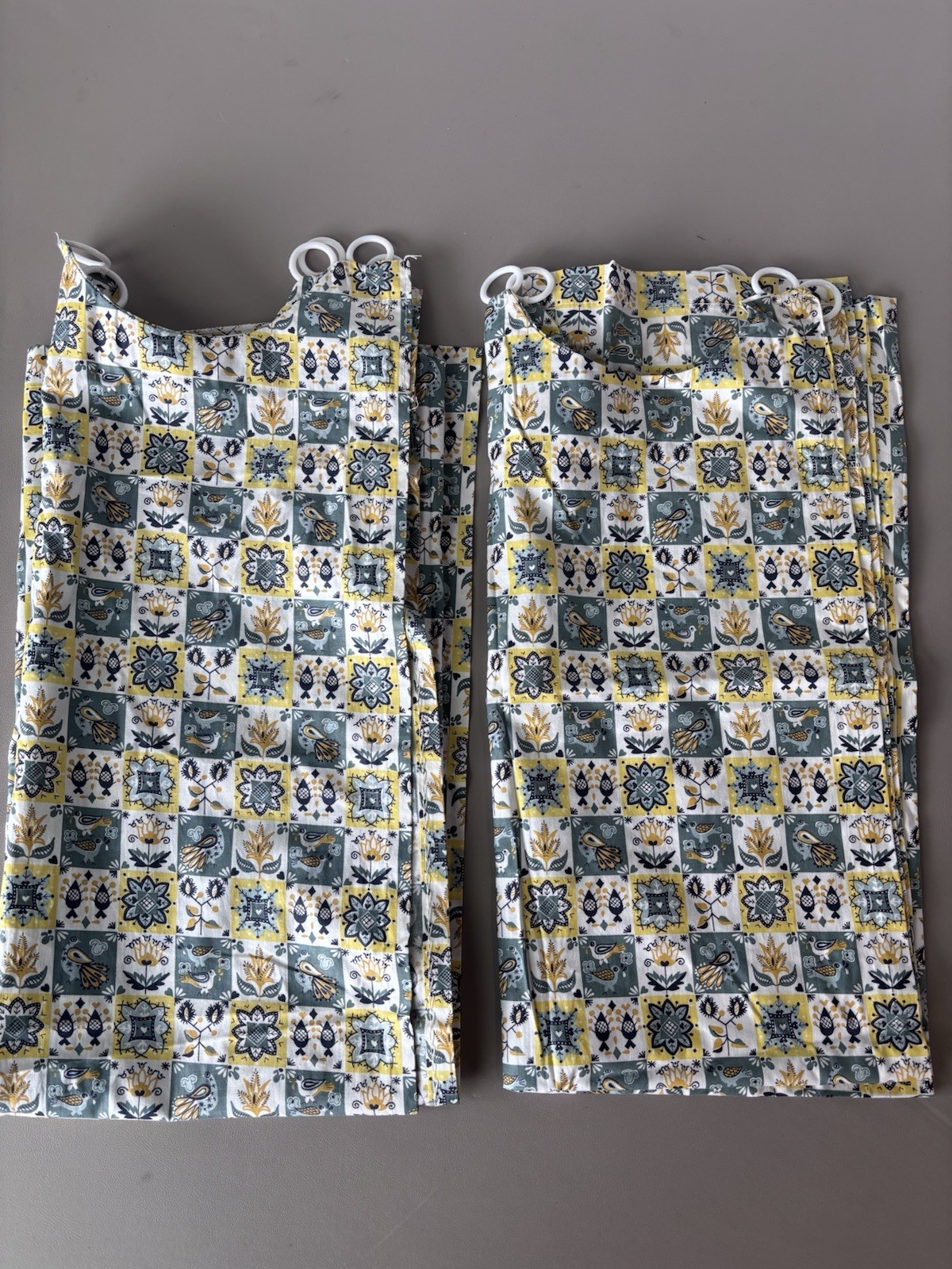 Set/2 Handmade Fabric Curtain Panels Bird Peacock Rustic Cottage 34×34″ Blue/Ylw