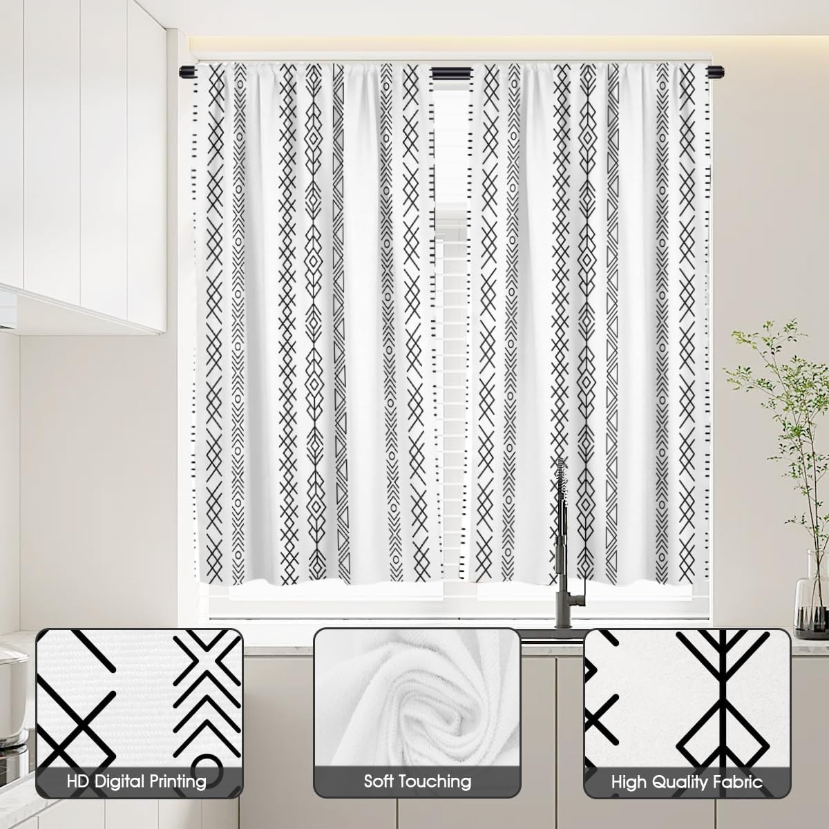 zokyer Boho Kitchen Curtains Western Black White Farmhouse Vintage Geometry A…