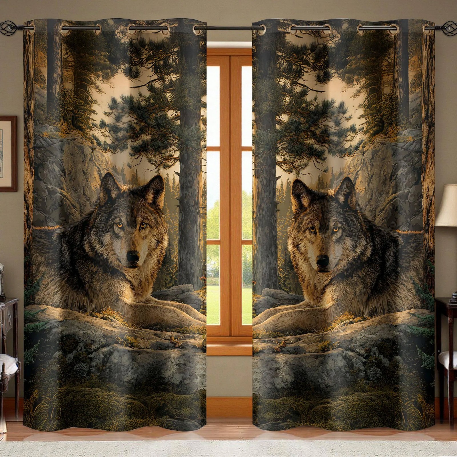 Woodland Wolf Forest Animal Curtains Wild Wolf Window Panels Art Nature Decor US