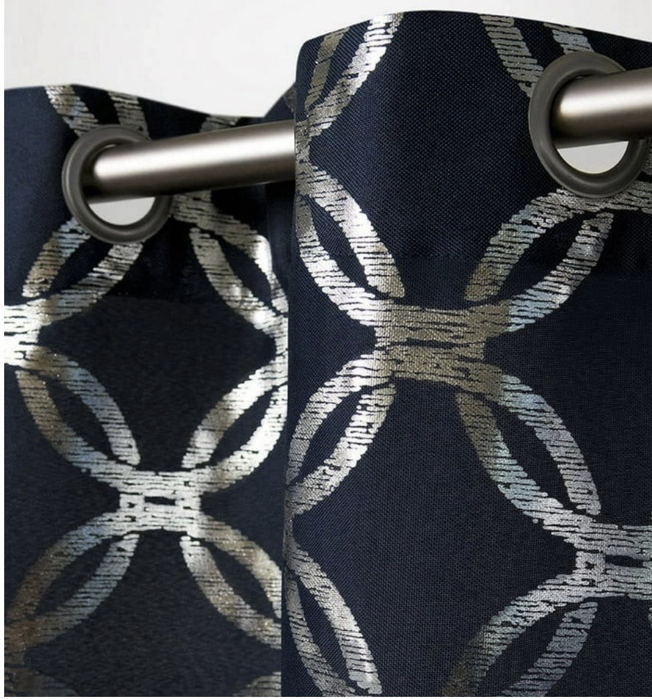 Navy & Silver Geometric Metallic Grommet Top Curtains 2 Panels Set 54″ X 96″ In