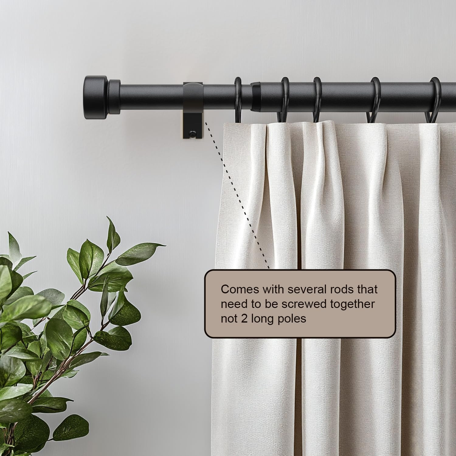 Modern Matte Black Curtain Rods for Windows 72 to 144 Adjustable Length Heavy Du
