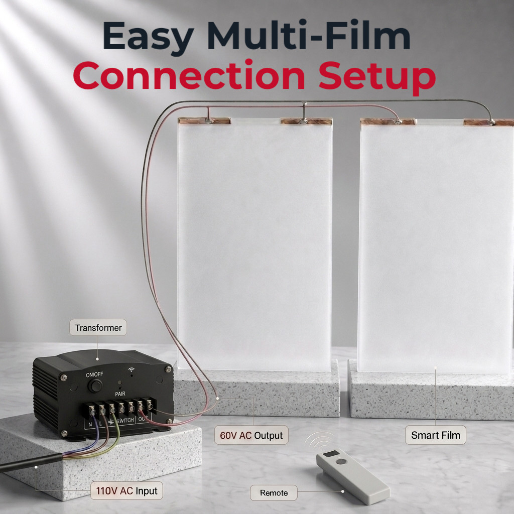 PDLC Smart Window Privacy Film DIY Install Kit Remote Transformer Wires Squeegee