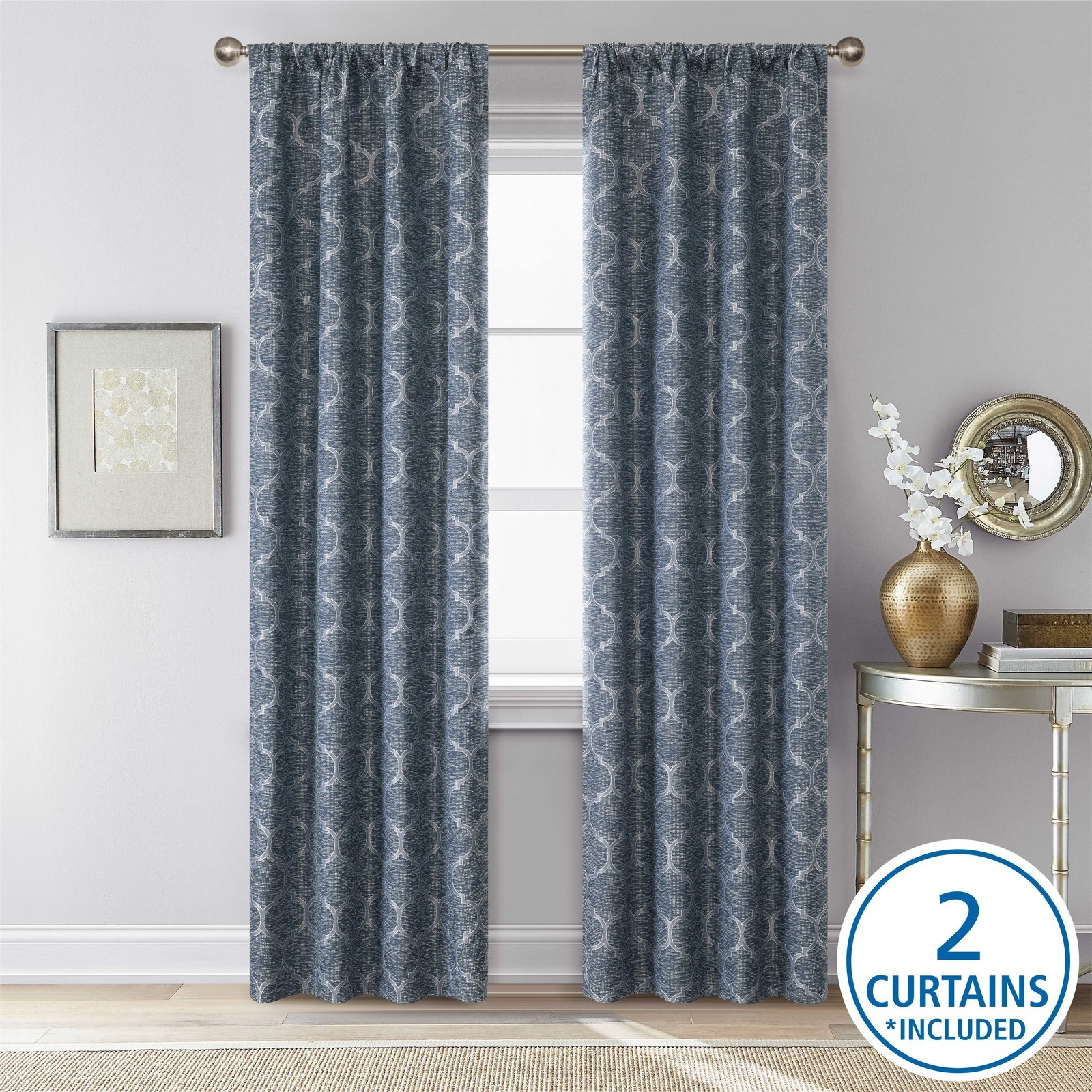 Jacquard Blackout Panel Pair Set of 2 Curtains Blue Ogee 37″ W x 84″ L
