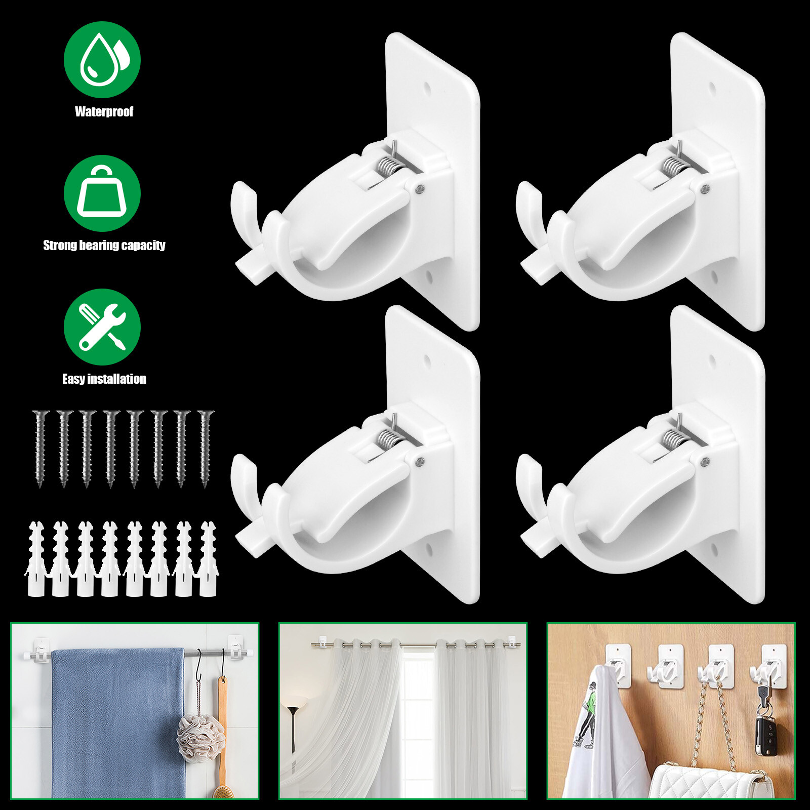 4/8 Pcs Nail Free Single Hang Curtain Rod Holder Bracket Hook Window Frame Decor