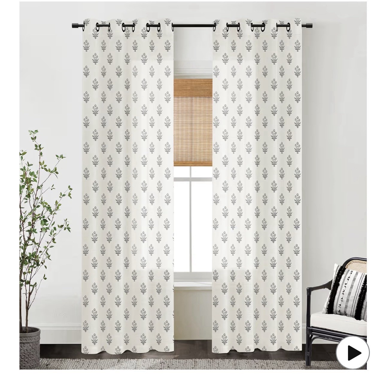 Cream and Black Boho Floral Curtains,Farmhouse Aztec Motif Print