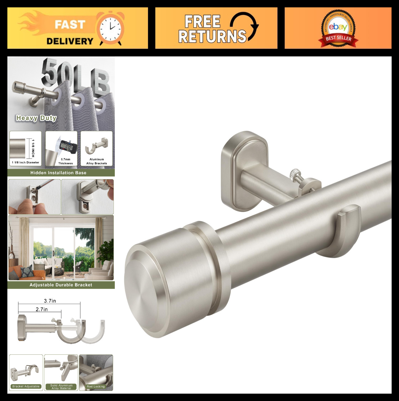 Heavy Duty 1 1/8″ Curtain Rods 72-144″ Telescoping Drapery Rods, Brushed Nickel