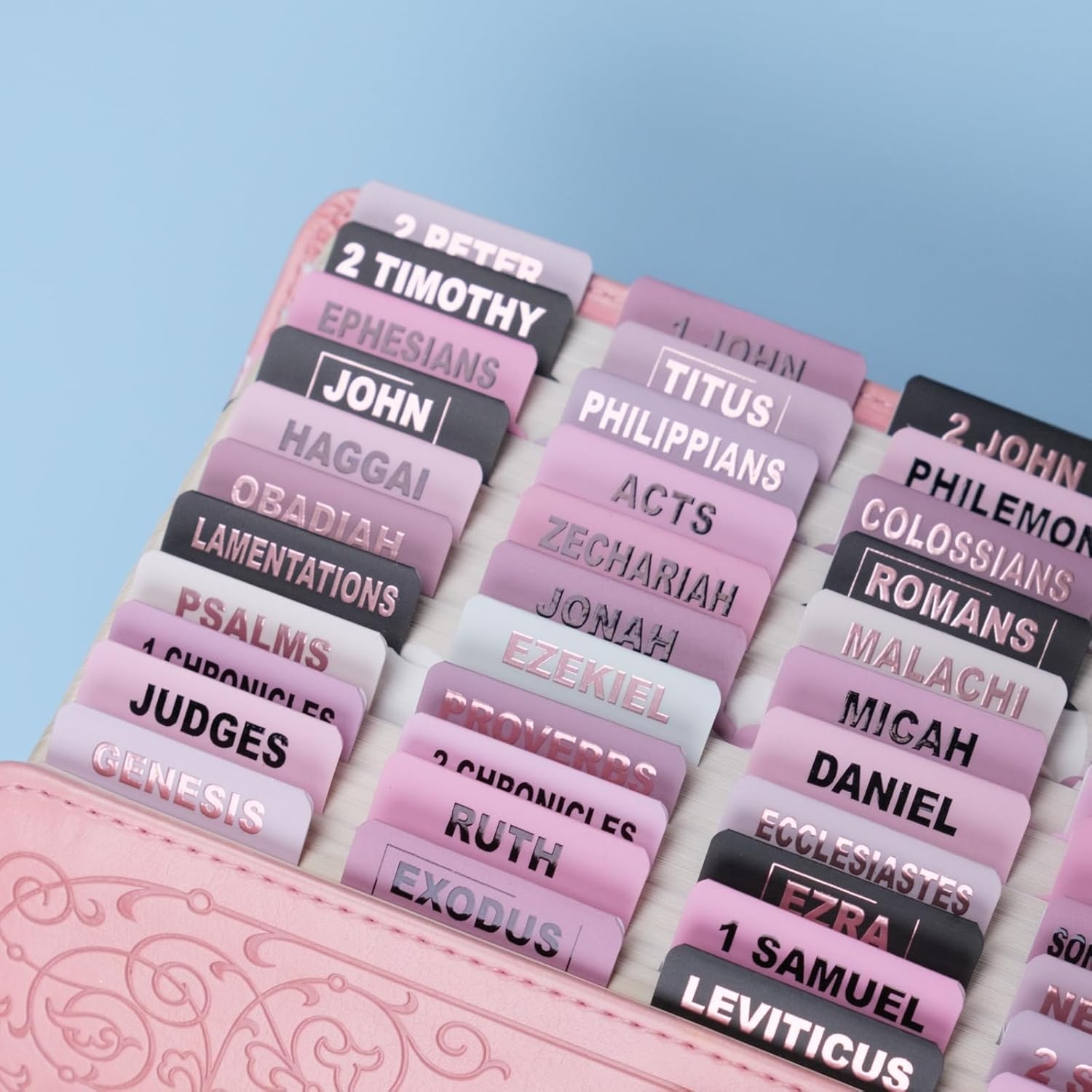 UPAFEXXI-Laminated Bible Tabs (Pink and Black Foil Embossed Lettering), Pink1