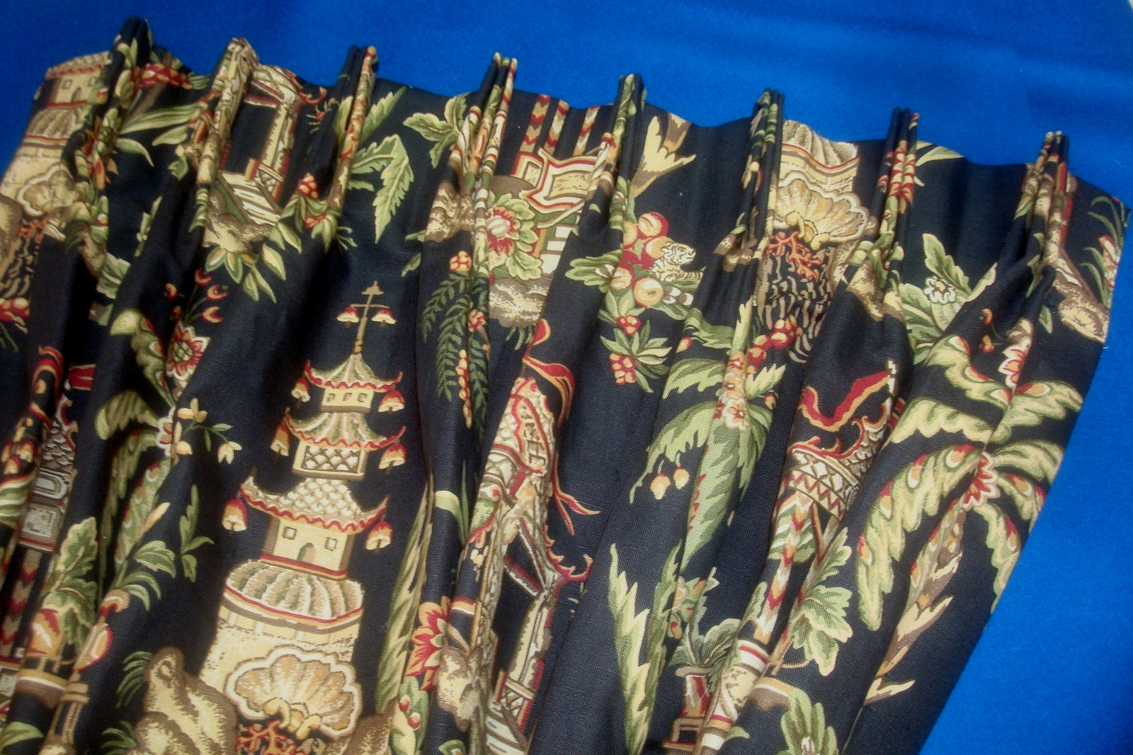 New Custom DRAPES Thibaut Tea House Asian Pagoda 2 pc Lined Pleats 100″ lg Black