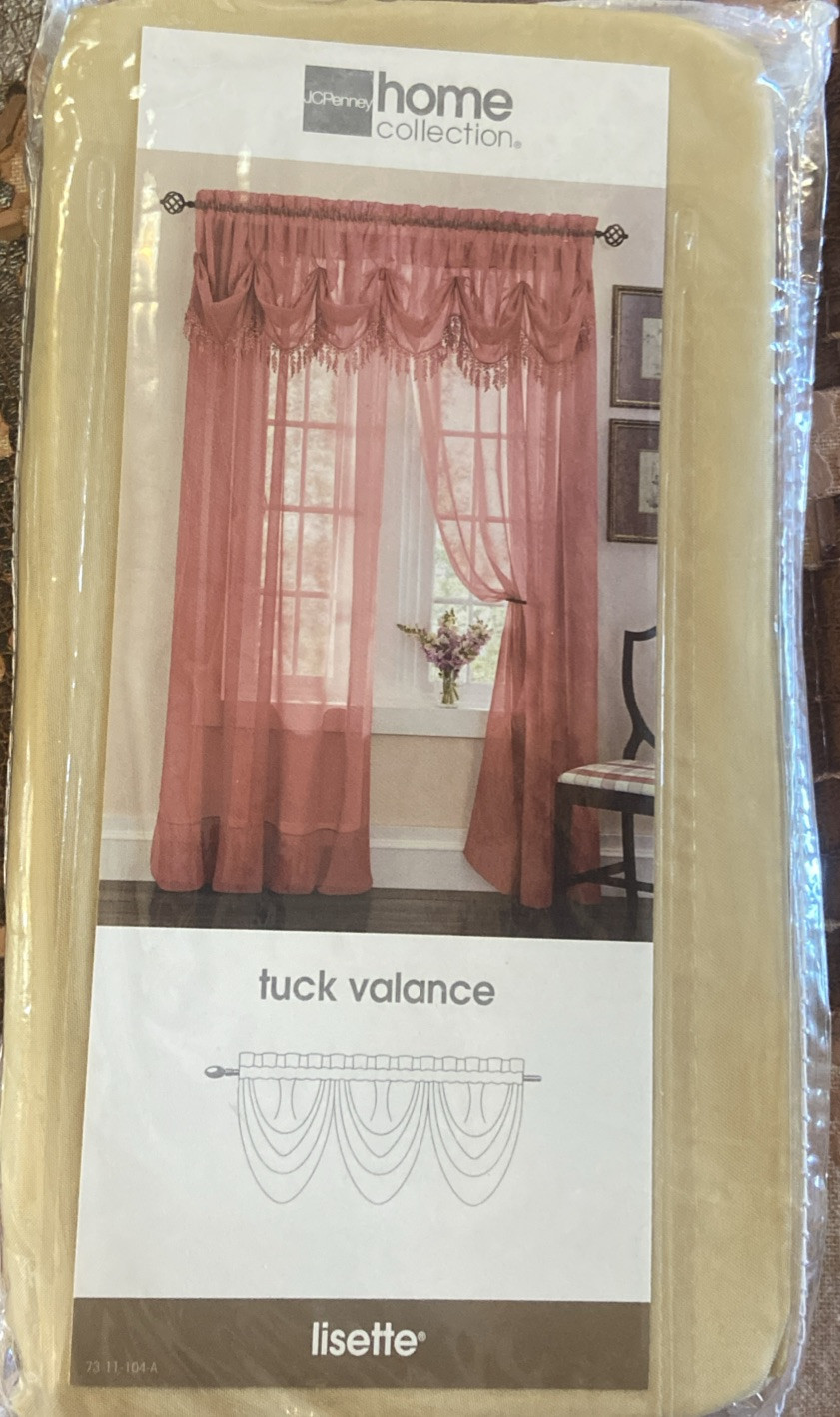 JC PENNEY HOME COLLECTION LISETTE TUCK VALANCE 60”X20 SHEER PANEL SOFT GOLD. @@@