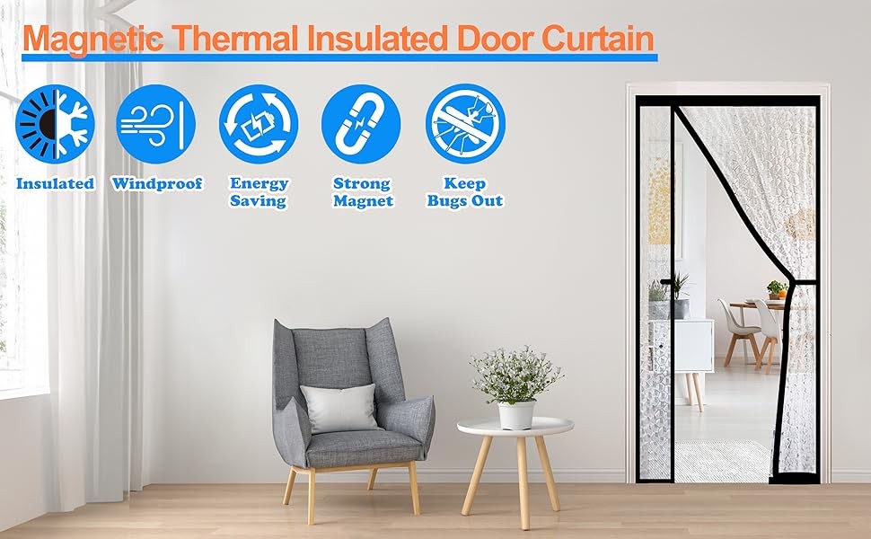 Magnetic Thermal Insulated Door Curtain,Waterproof EVA Door Cover,Left Right