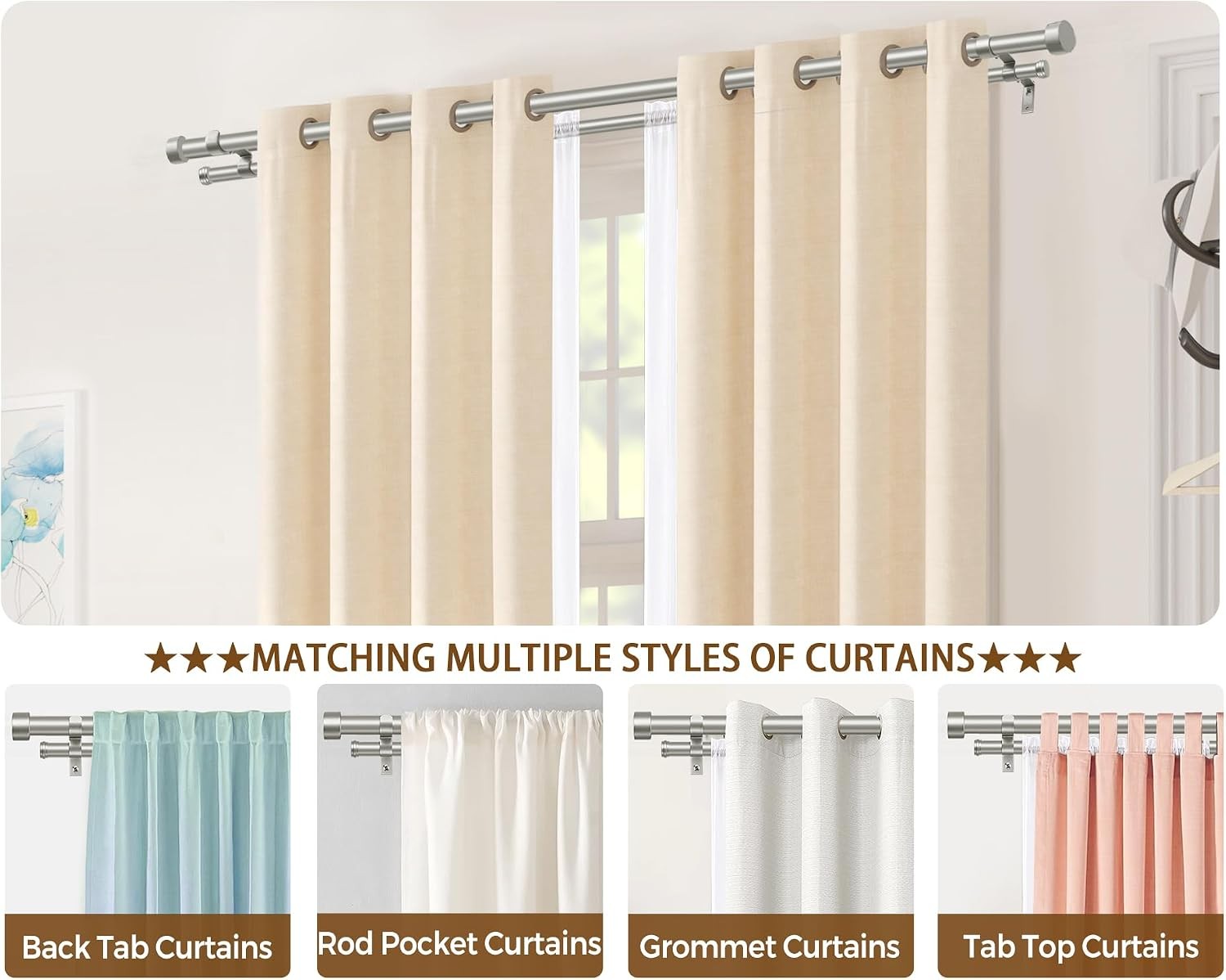 1 Inch Double Curtain Rods 66 to 120 Inches (5.5-10 Feet), Heavy Duty Adjustable