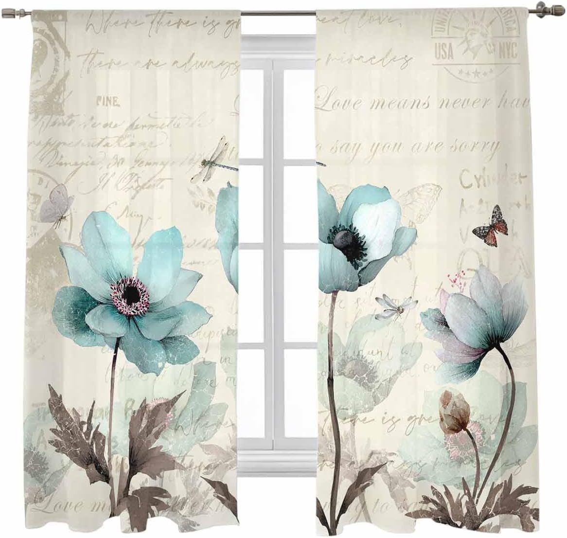 Voile Chiffon Window Curtains Aqua Blue Brown Flower Floral Letter Stamp 72″