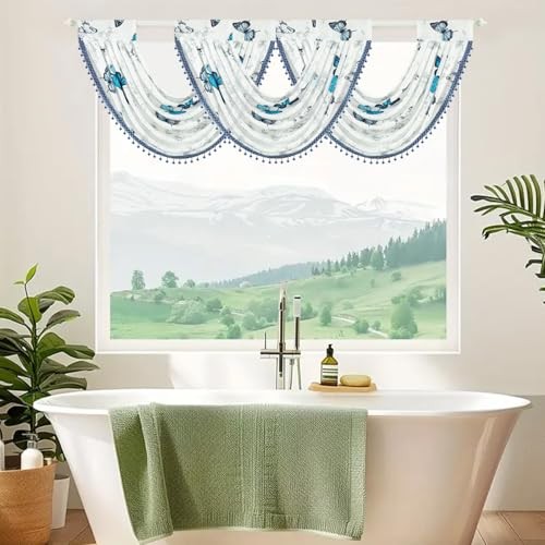 Vintage Print Voile Waterfall Valance 30″W x 24″L (Pack of 1) Blue Butterfly