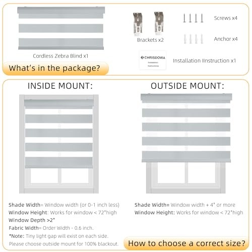Cordless Zebra Blinds for Windows, Dual Layer Free-Stop 32″W x 72″H Light Grey