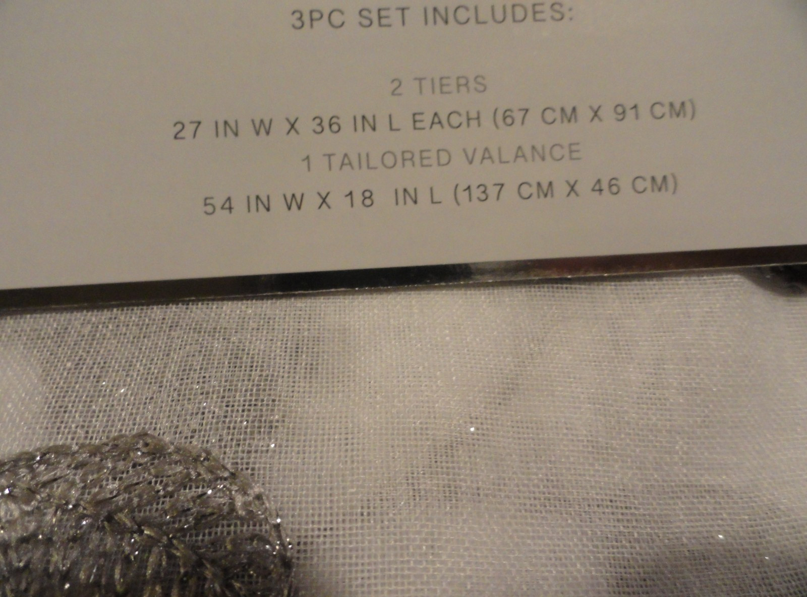 3 piece white sheer embroider Silver vining Leaves fabric Tier CURTAIN metallic
