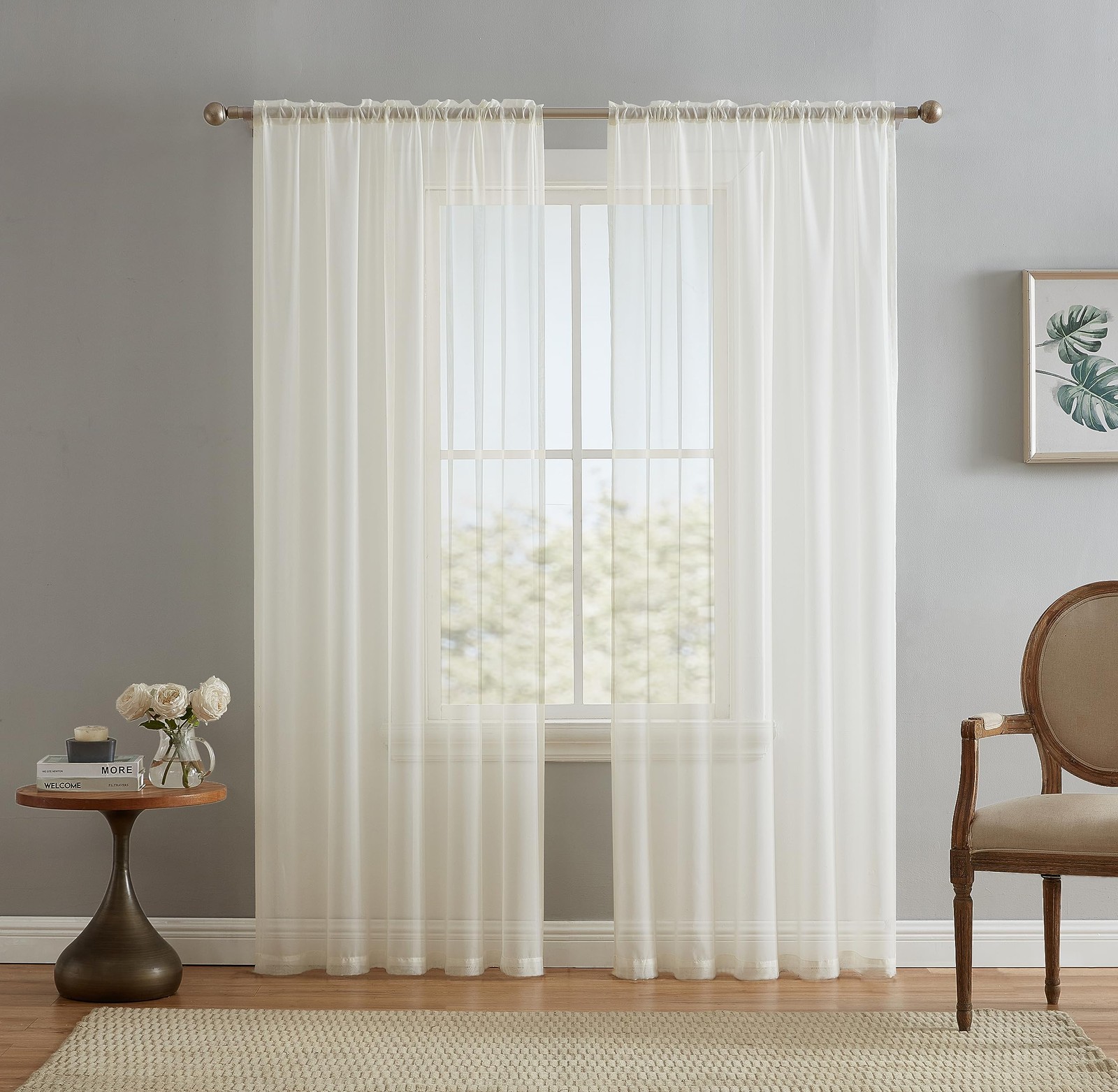 HLC.ME Ivory Sheer Voile Window Treatment Rod 54″W x 84″L (Pack of 2),