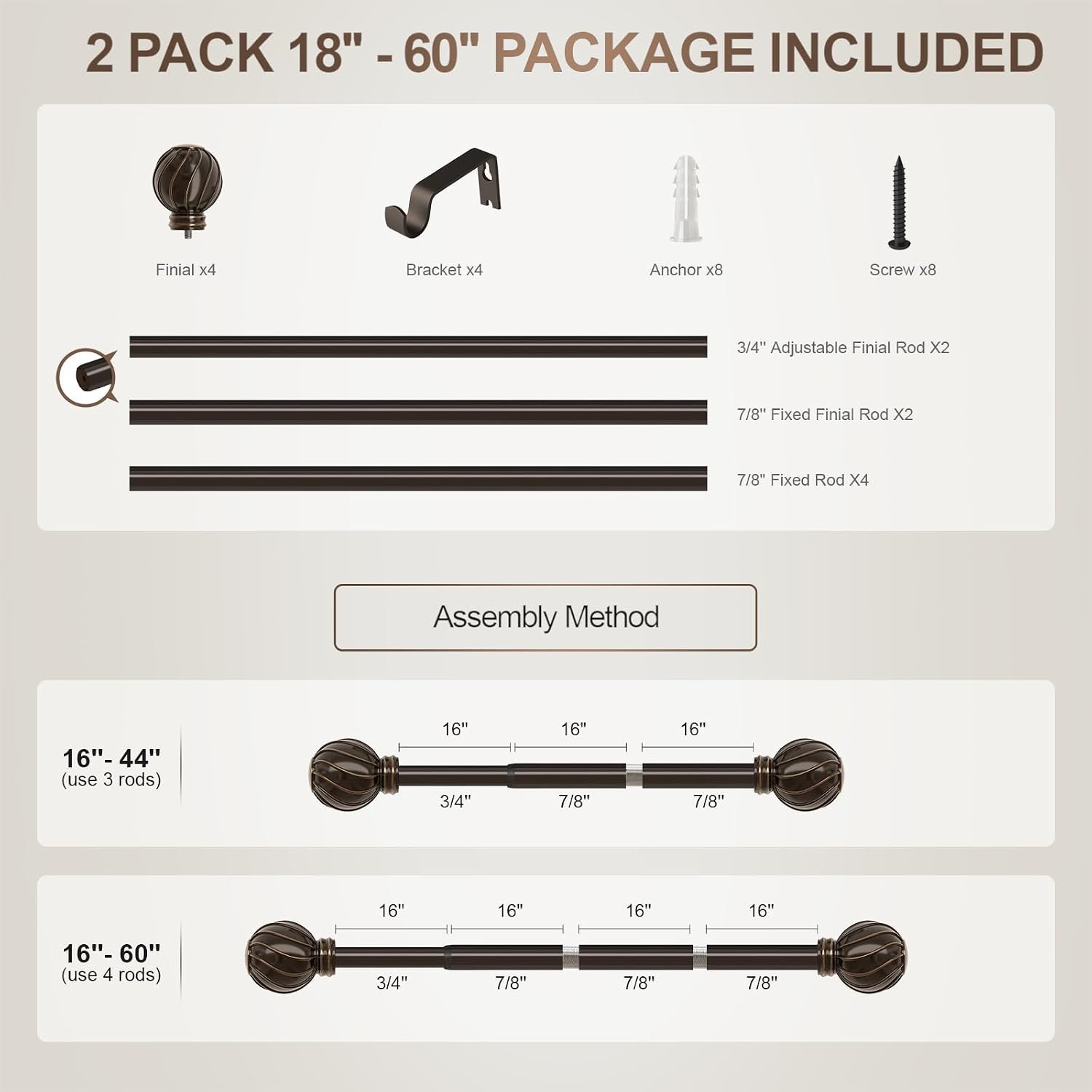 Versatile 2 Pack 18-60″ Brown Curtain Rod Set with Decorative Finials for Home