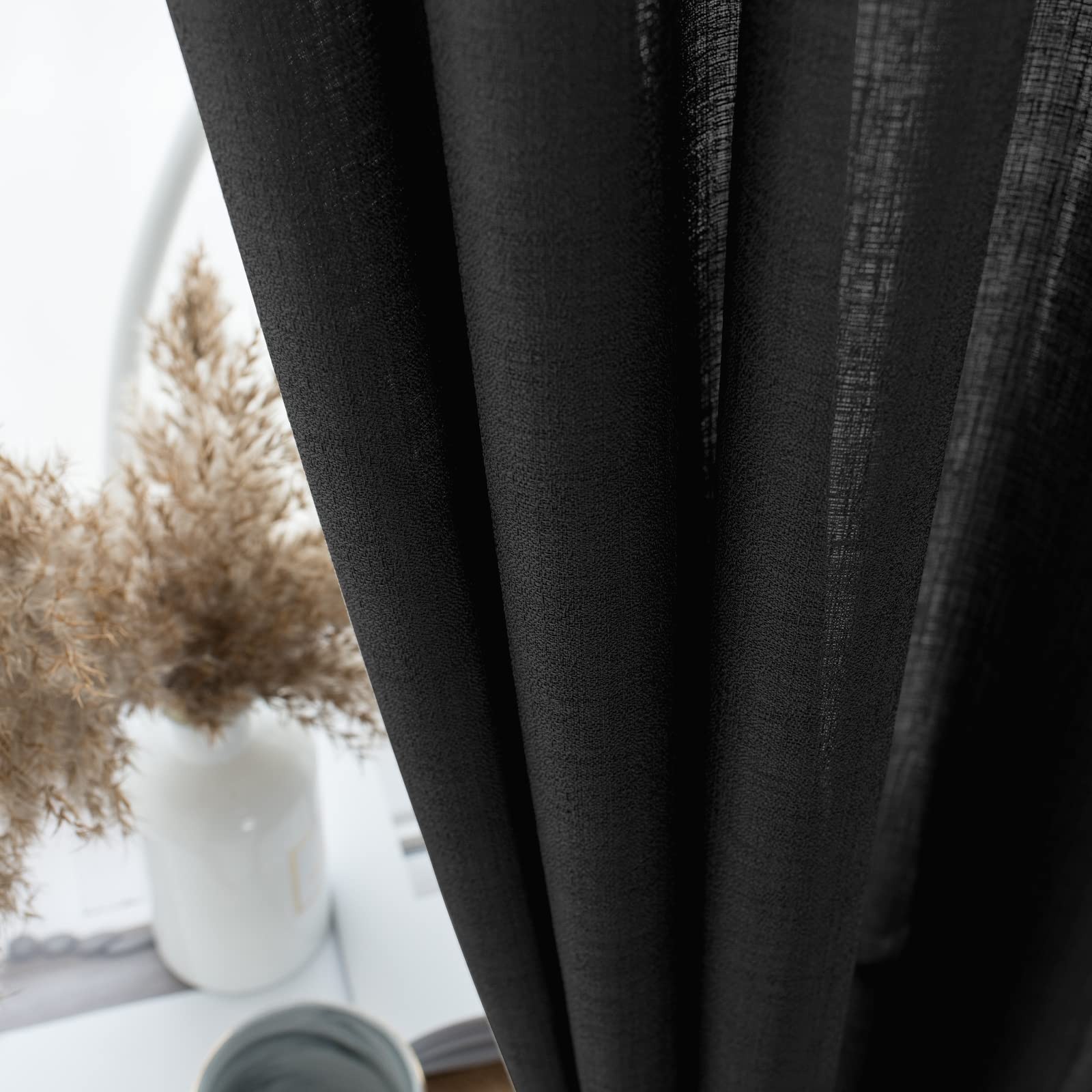 Melodieux Black Semi Sheer Curtains 84 Inches Long For Living Room Bedroom Flax