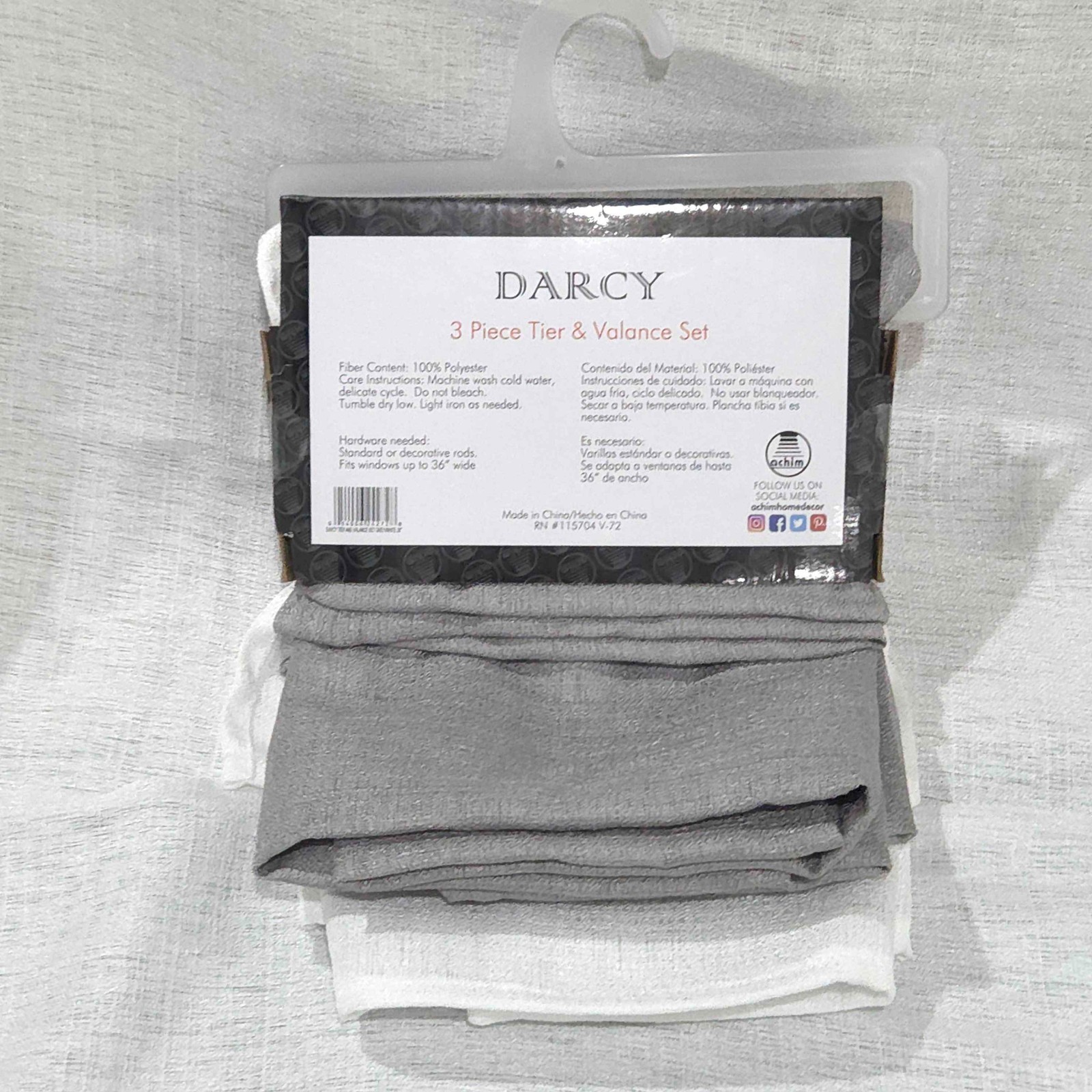 ACHIM Darcy Tier & Valance Curtain Set 58×36 / 58×14 Gray White