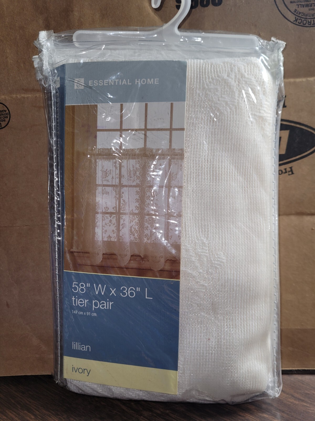 Essential Home Lillian Ivory Lace Tier Pair 58″ W x 36″ L New