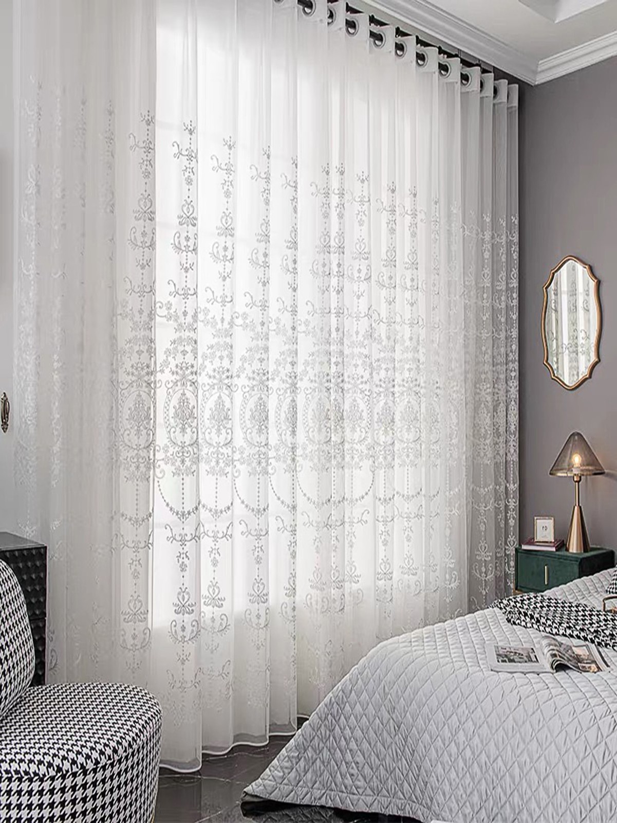 White Polyamide Sheer Panel Curtain With Floral Embroidery 150×250 100×230