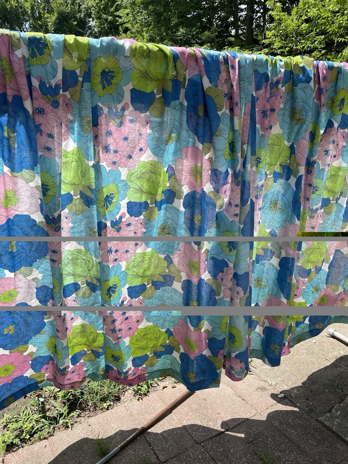 Pair Penney’s Penn Prest 70s Floral Window Curtains Panel in Blue, Green & Pink