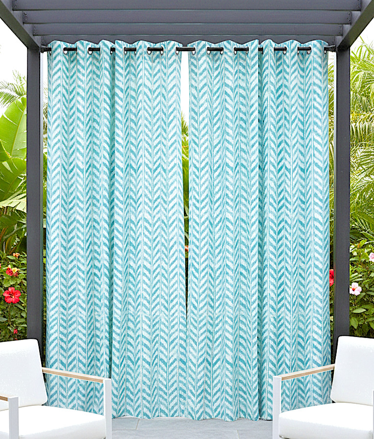 Tommy Bahama Set of 2 Indoor/Outdoor Curtain Panels White Teal Chevron Water Rep